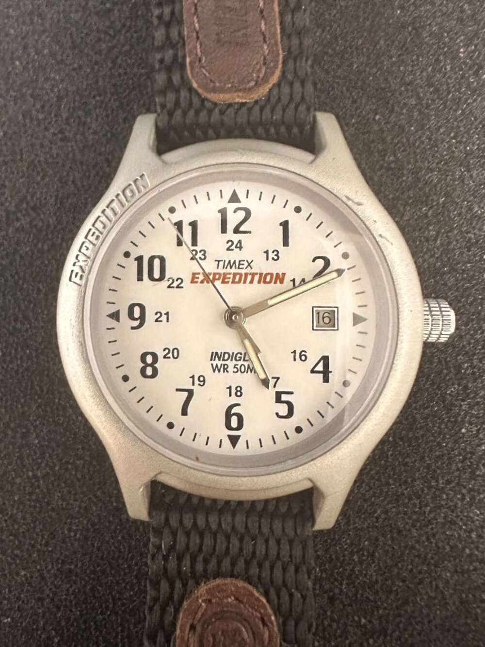Timex Expedition Watch Women Silver Tone White Dial Nylon Leather Band Works